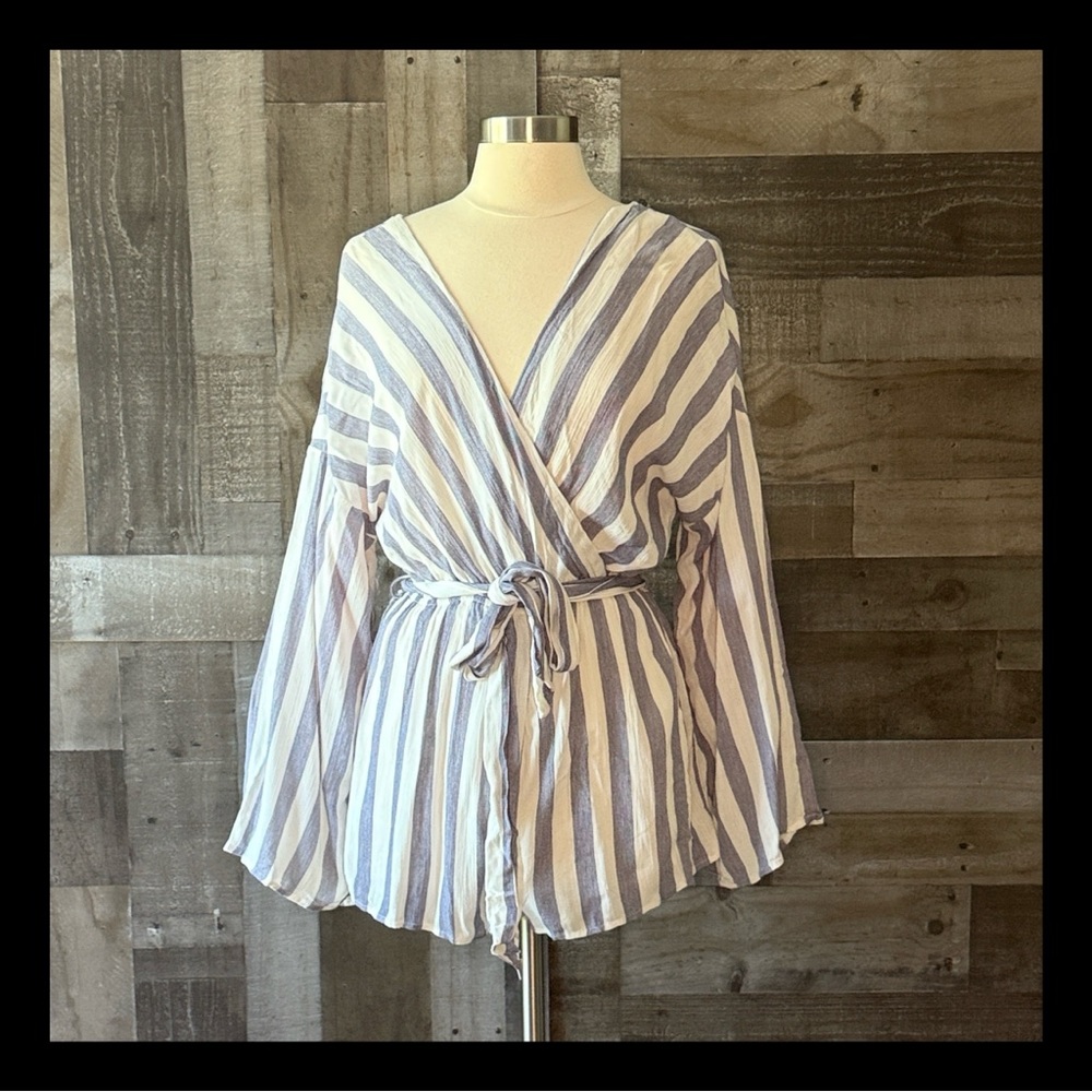 The Impeccable Pig long sleeve romper medium blue white wanderlust festival boho